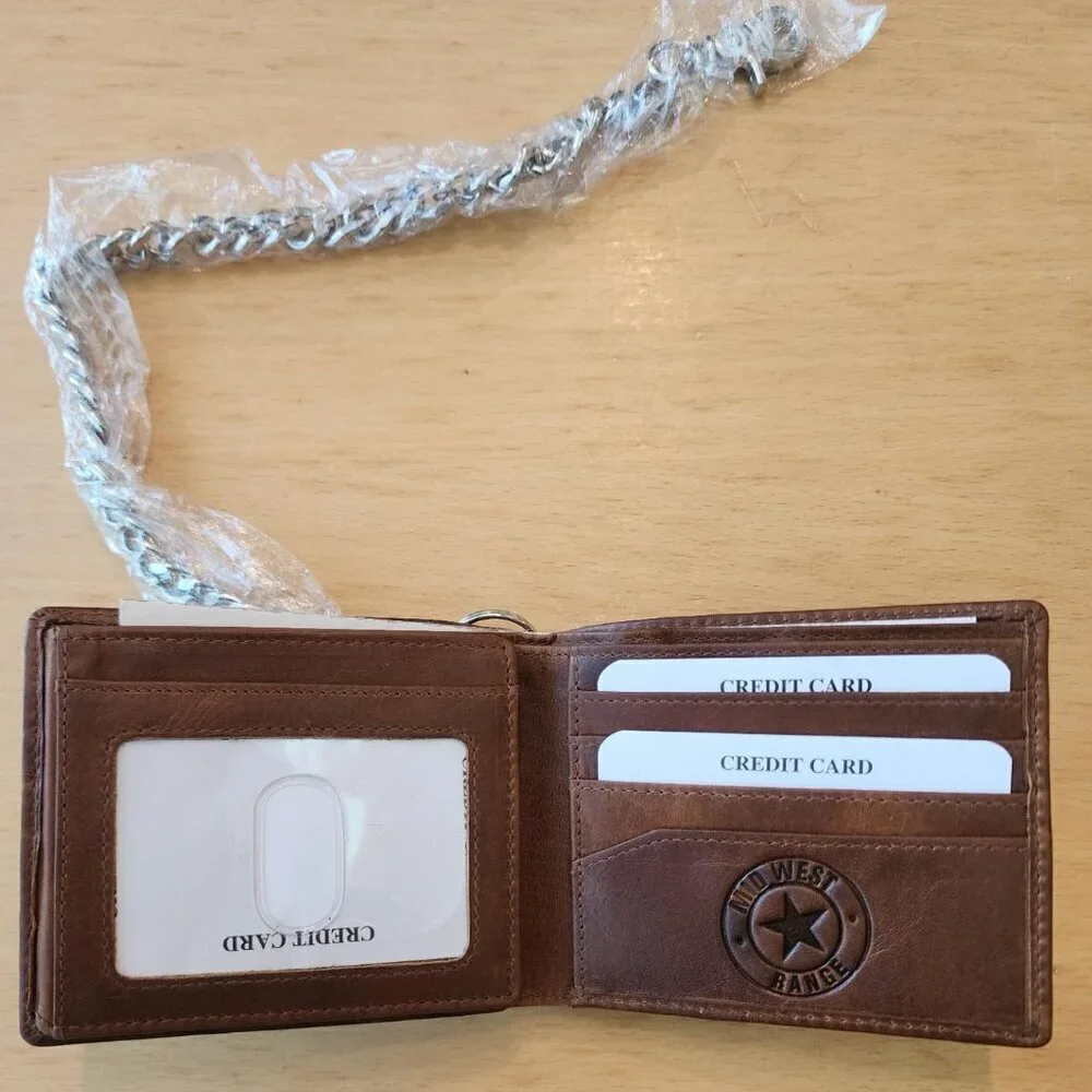 Patriotic Biker Wallet with Chain for Men - Distressed Brown Leather Wallet